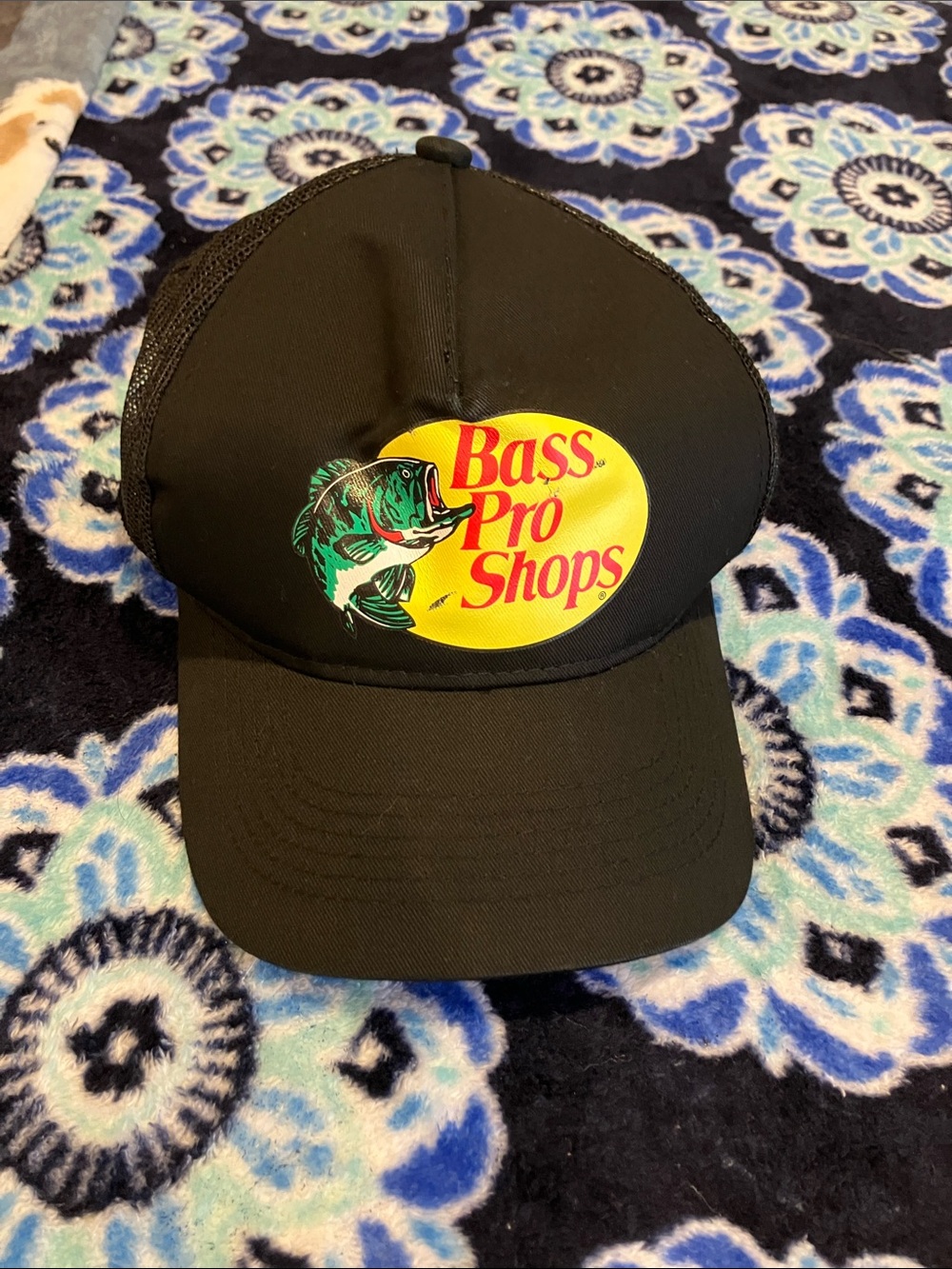 Bass Pro Shops Black Cap with Yellow Logo and Green Fish